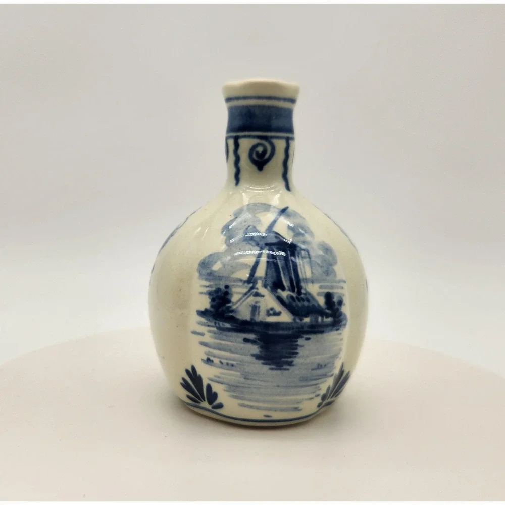 Vintage Delft Holland Miniature Vase & Bowl Set Windmill‎ Floral Hand Painted